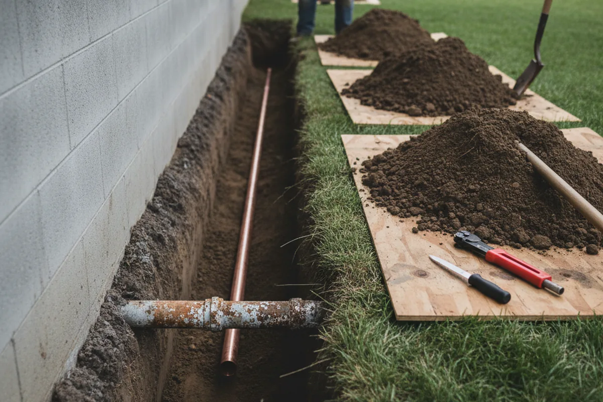 Excavated water line trench during Water Softener Installation in Somerville